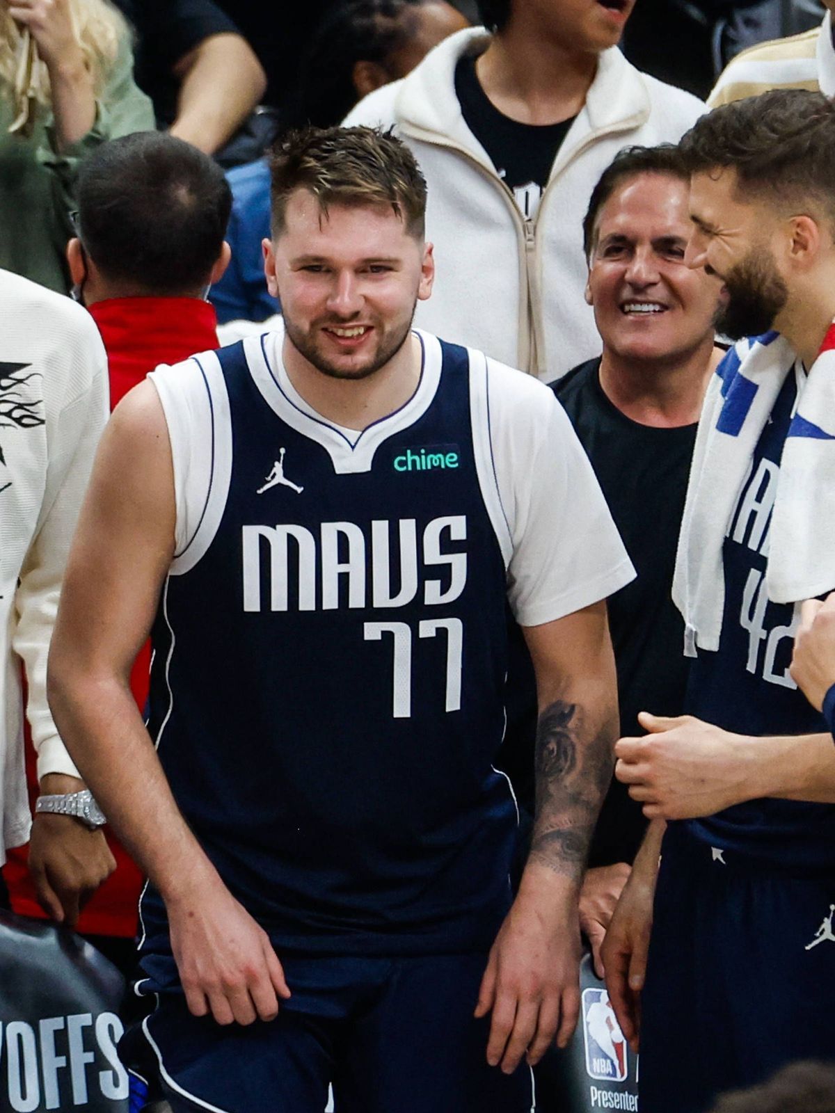 May 1, 2024, Los Angeles, California, United States: Dallas Mavericks Luka Doncic 77 watches from the bench during an NBA, Basketball Herren, USA basketball playoffs round one game 5 against the Lo...