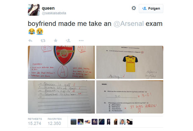
                <strong>Freundin muss Arsenal-Test bestehen</strong><br>
                So sieht eine Beziehung mit einem Hardcore-Fußball-Fan also aus! Twitter-Userin "queen" muss sich einem knallharten Test über den FC Arsenal unterziehen. Der Prüfer: ihr Freund!
              