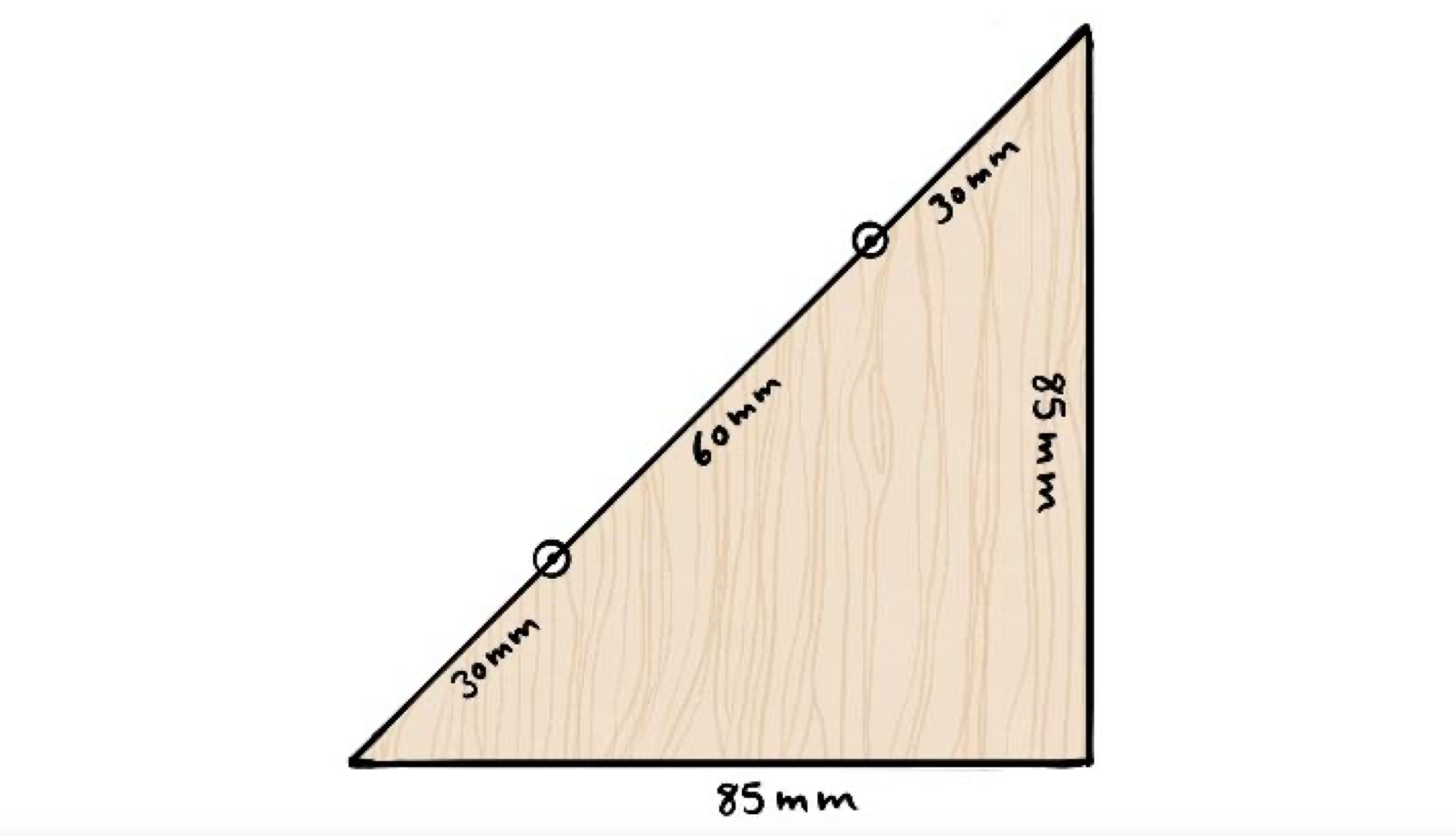 Auf den zwei kleinen Brettern zeichnen Sie mithilfe der Skizze die folgenden Maße ein und durchbohren mit einem 4mm-Holzbohrer die beiden eingezeichneten Punkte.