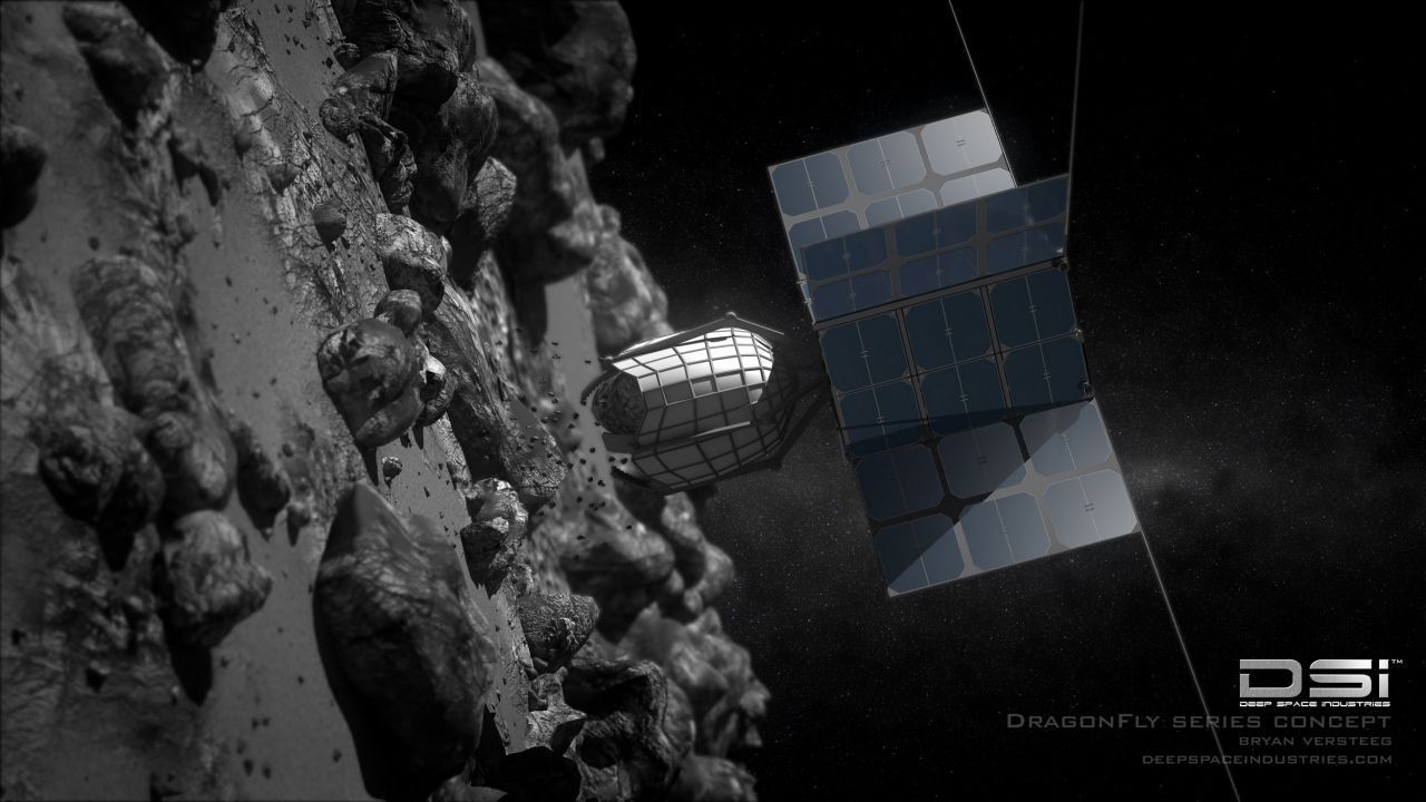 Mit Greifwerkzeugen würden Bergbau-Roboter kleinere Brocken von der Oberfläche eines Asteroiden greifen und mitnehmen.