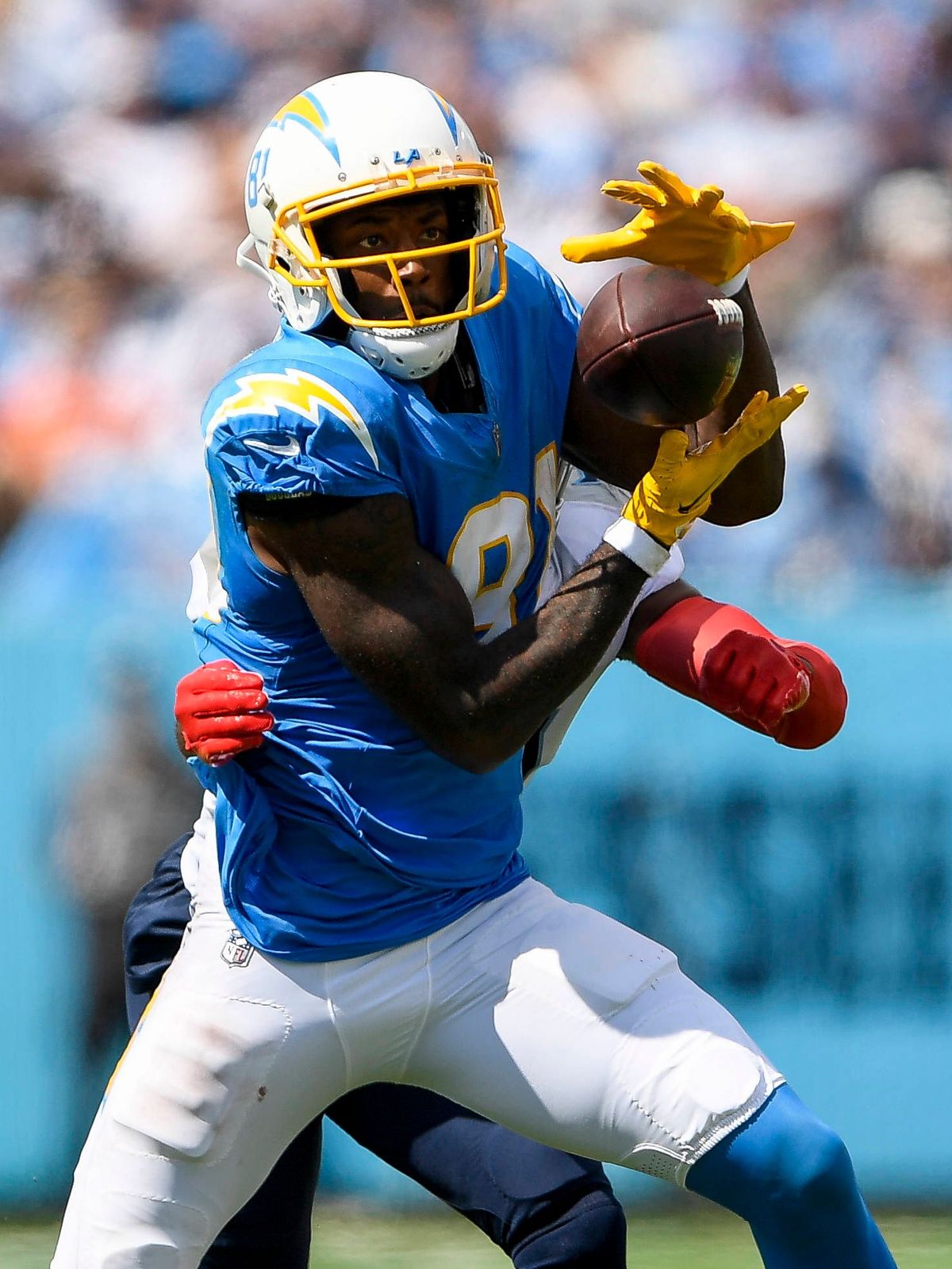 September 17, 2023: Los Angeles Chargers wide receiver Mike Williams (81) makes a catch against the Tennessee Titans during the second half of an NFL, American Football Herren, USA game between the...