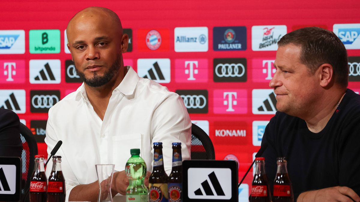 Vincent Kompany (FC Bayern Muenchen, Cheftrainer) mit Max Eberl (FC Bayern Muenchen, Sportvorstand), Pressekonferenz, Vorstellung von Vincent Kompany, FC Bayern Muenchen, 30.05.2024, Pressekonferen...