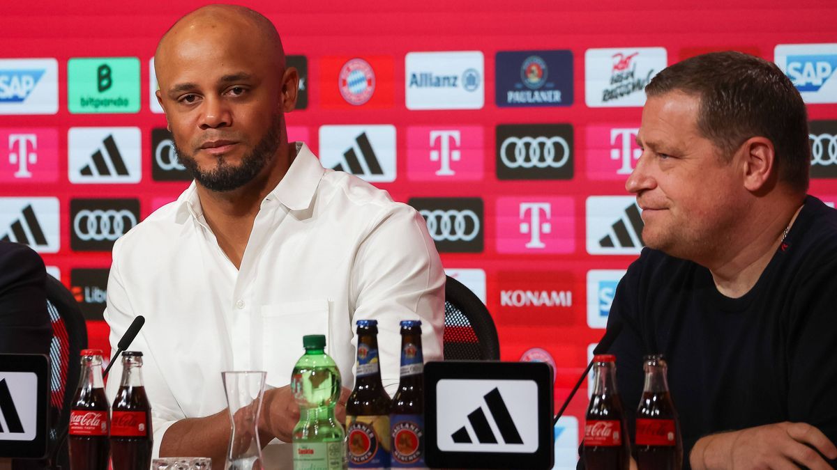 Vincent Kompany (FC Bayern Muenchen, Cheftrainer) mit Max Eberl (FC Bayern Muenchen, Sportvorstand), Pressekonferenz, Vorstellung von Vincent Kompany, FC Bayern Muenchen, 30.05.2024, Pressekonferen...