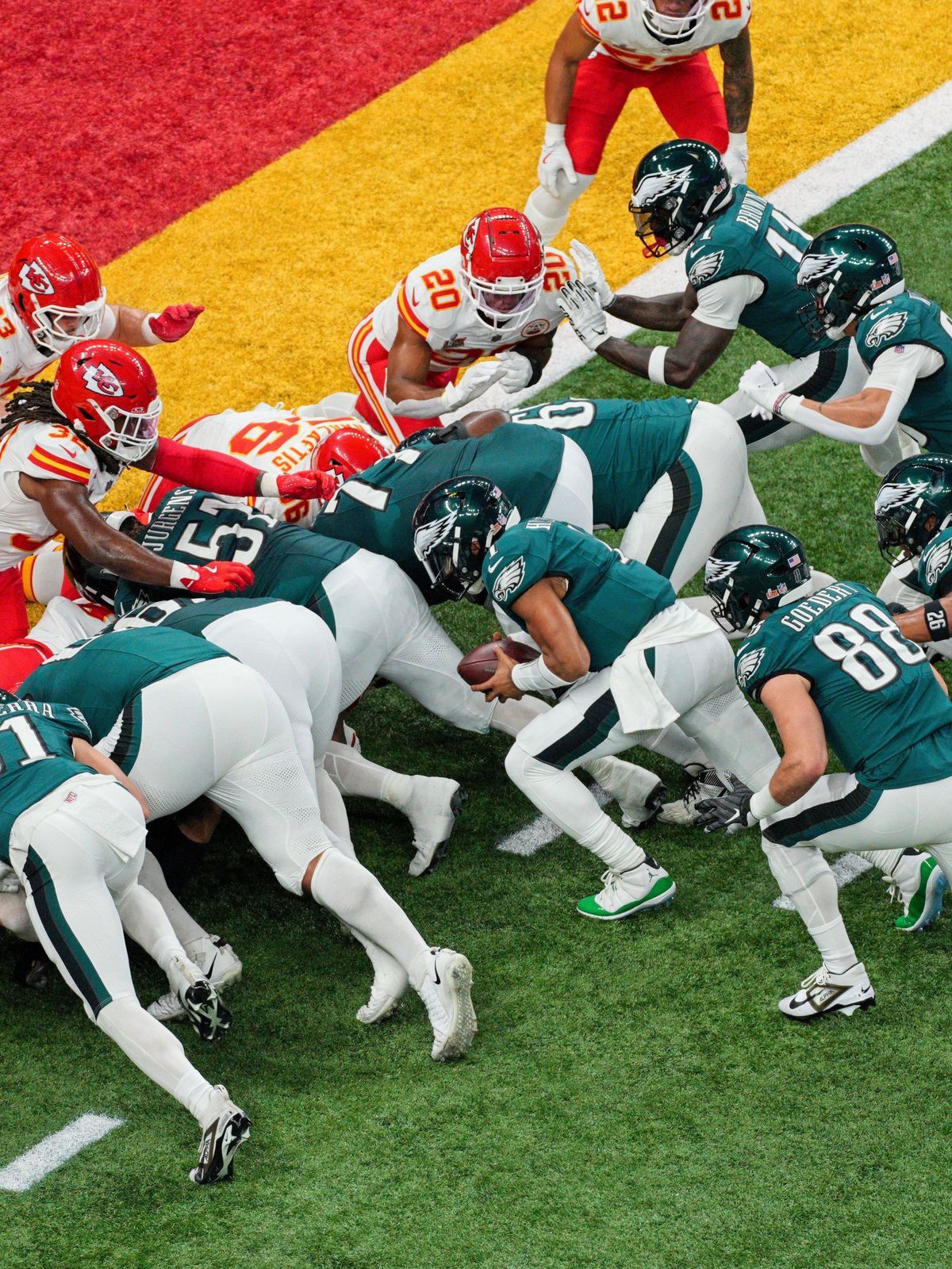 NEW ORLEANS, LA - FEBRUARY 09: Philadelphia Eagles quarterback Jalen Hurts (1) scores touchdown on a tush push during Super Bowl LIX between the Philadelphia Eagles and the Kansas City Chiefs on Fe...