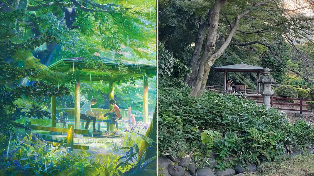 Links: Der Pavillon in "The Garden of Words", rechts: sein reales Vorbild im Shinjuku Gyoen