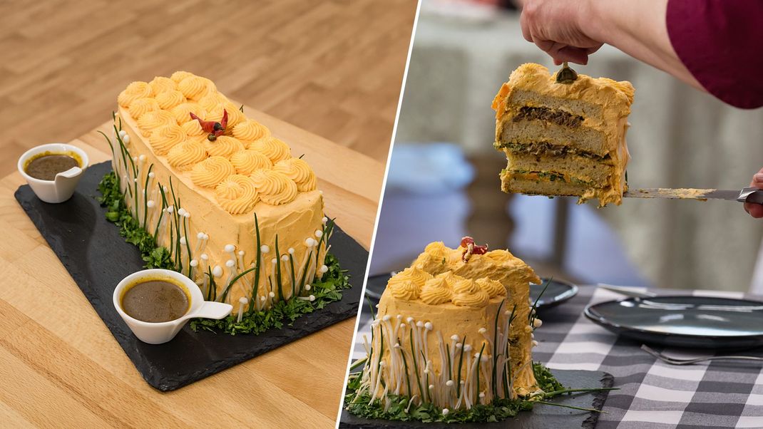 Ingwer-Toastbrot mit Pulled Beef, Koriander-Pesto, Pilzfüllung und scharfer Frischkäse-Creme