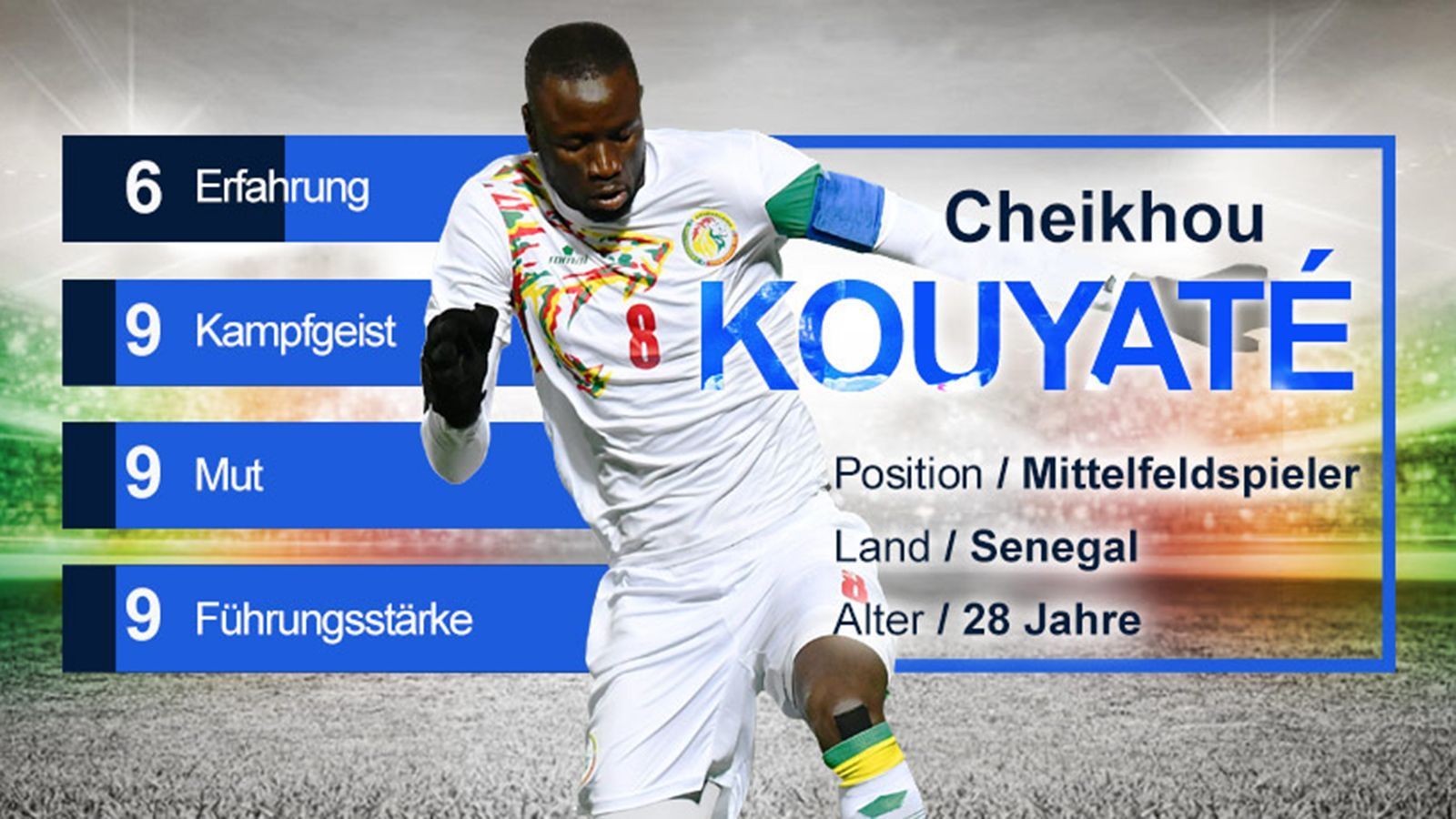 
                <strong>Cheikhou Kouyate (Senegal) - Gruppe H</strong><br>
                Mit 41 Länderspielen gehört Cheikhou Kouyate zu den Unerfahreneren unter den WM-Kapitänen. Trotzdem ist er ein Stützpfeiler im senegalesischen Kollektiv, der es mit seiner Präsenz im Mittelfeld versteht, den Stars – insbesondere Liverpools Sadio Mane – den Rücken frei zu halten. Seine Bissigkeit bewies er in der abgelaufenen Saison bei West Ham, er bestritt die meisten Zweikämpfe seines Teams (knapp 15 pro Spiel) und foulte am häufigsten.
              