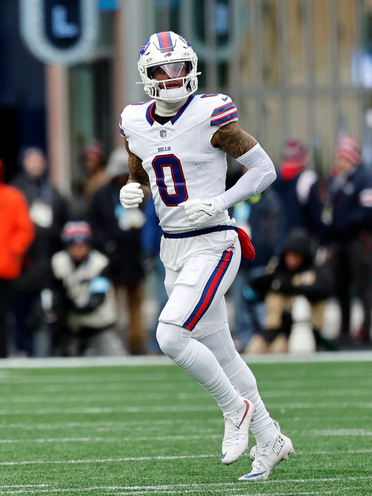 FOXBOROUGH, MA - JANUARY 05: Buffalo Bills wide receiver Keon Coleman (0) lines up during a game between the New England Patriots and the Buffalo Bills on January 5, 2025, at Gillette Stadium in Fo...