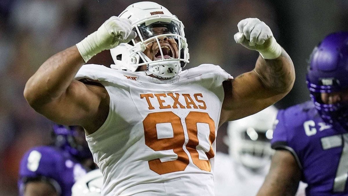 Syndication: Austin American-Statesman Texas defensive lineman Byron Murphy II celebrates after sacking TCU quarterback Josh Hoover last weekend. The Longhorns will need a strong effort by the defe...