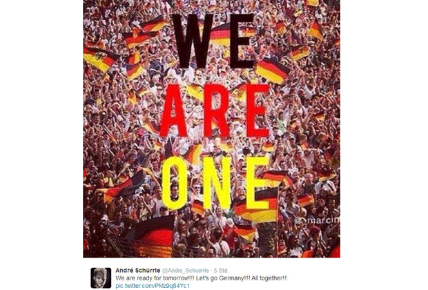 
                <strong>Andre Schürrle</strong><br>
                Nationalkicker Andre Schürrle animiert die deutschen Fans, die Mannschaft zu unterstützen. Ein Tag vor dem großen Duell schrieb er: "We are ready for tomorrow!!! Let's go Germany!!! All together!!"
              