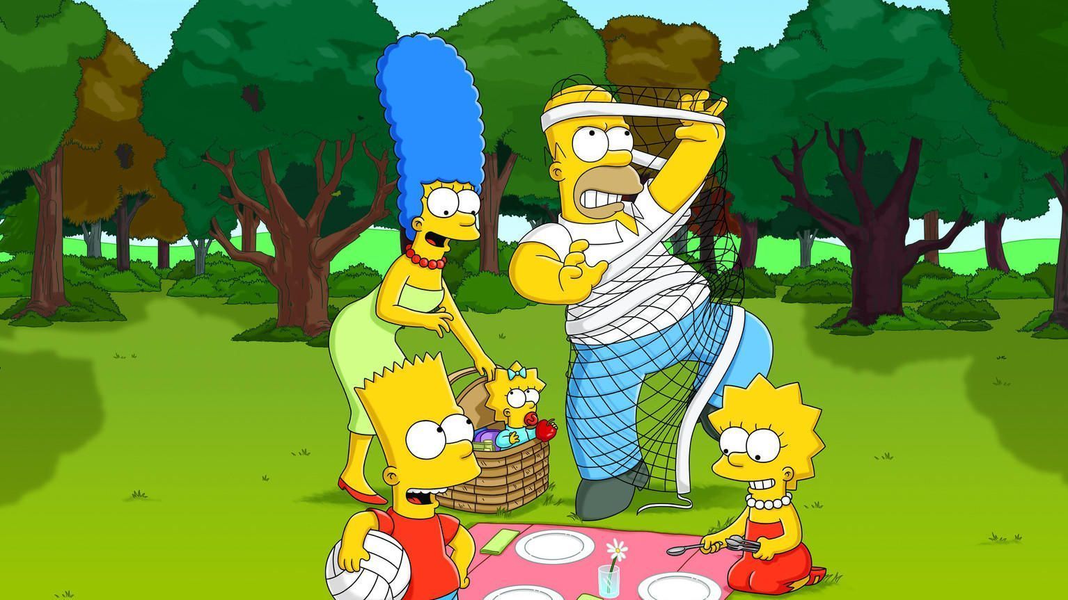 (23. Staffel) - Die Simpsons sind eine nicht alltägliche Familie: Maggie (M.), Marge (2.v.l.), Lisa (r.), Homer (2.v.r.) und Bart (l.) ... (Kopie)