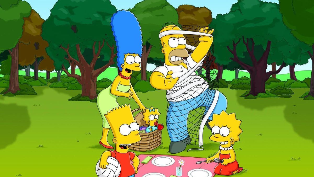 (23. Staffel) - Die Simpsons sind eine nicht alltägliche Familie: Maggie (M.), Marge (2.v.l.), Lisa (r.), Homer (2.v.r.) und Bart (l.) ... (Kopie)