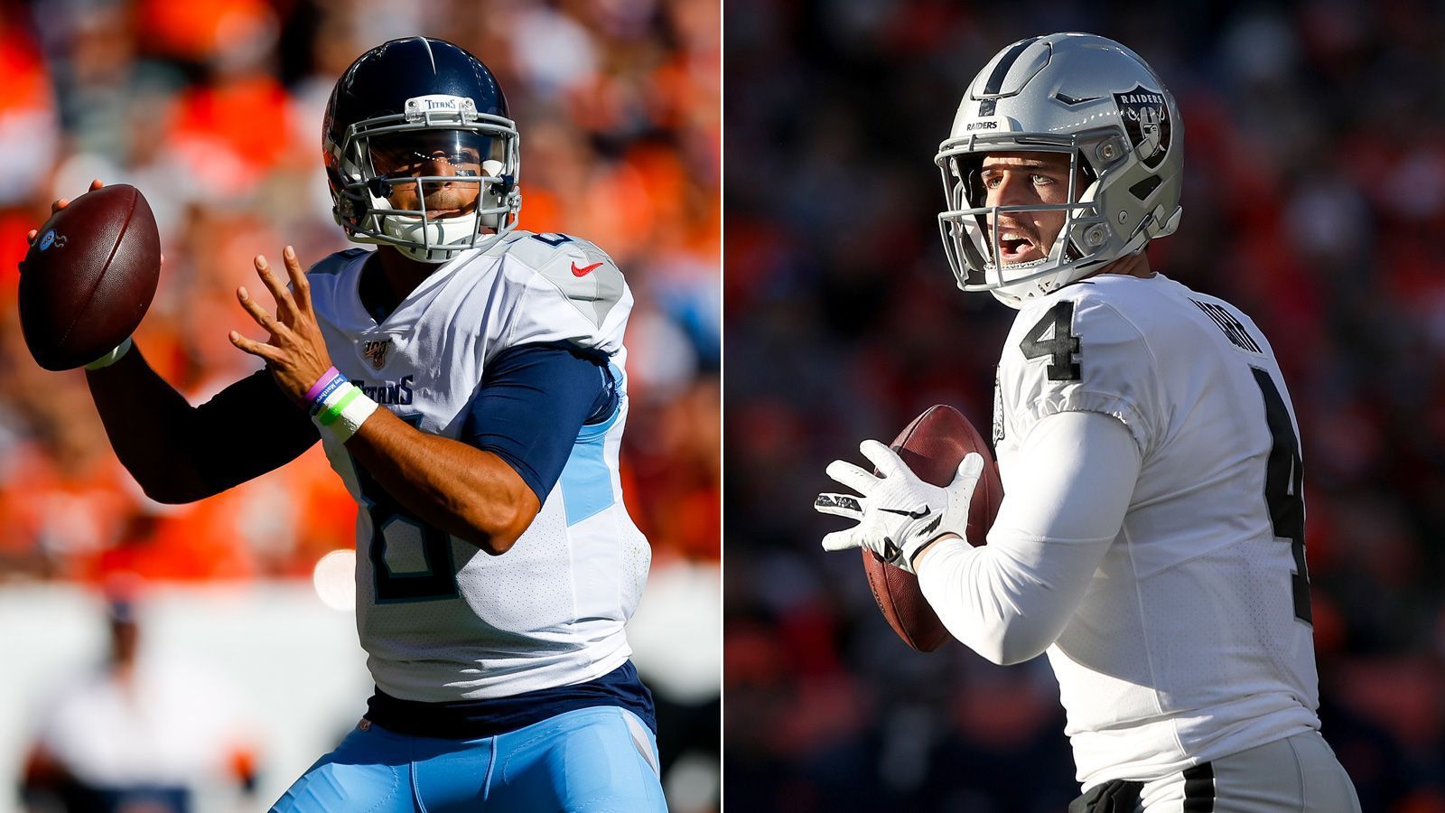 
                <strong>Derek Carr vs. Marcus Mariota (Las Vegas Raiders)</strong><br>
                Marcus Mariota (l.) hat in der vergangenen Saison am eigenen Leib erfahren, wie es ist, von einem bei einer anderen Franchise gescheiterten Quarterback ersetzt zu werden. Nicht unwahrscheinlich, dass Mariota das gleiche Kunststück wie Ryan Tannehill in Tennessee gelingt. Derek Carr konnte nie an seine überragende 2016er Saison anknüpfen und ist bislang bestenfalls ein durchschnittlicher NFL-Quarterback. Misslingt den Raiders der Saisonstart, könnte Mariota ganz schnell in Las Vegas starten. 
              