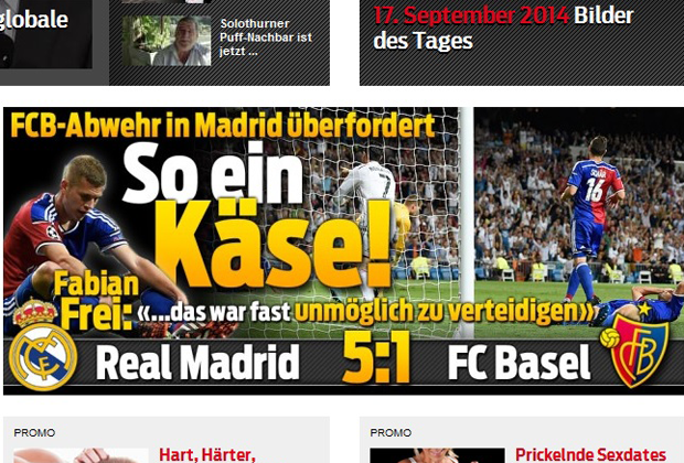 
                <strong>Blick</strong><br>
                Die Schweizer Boulevard-Zeitung "Blick" geht hart mit dem FC Basel bei dessen Debakel in Madrid ins Gericht.
              