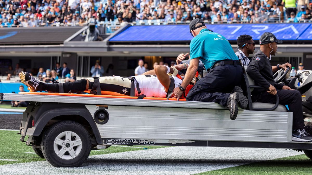 November 3, 2024, Charlotte, North Carolina, U.S: November 3, 2024, Charlotte, North Carolina, USA: New Orleans Saints wide receiver Chris Olave (12) is taken off the field on a medical cart after ...