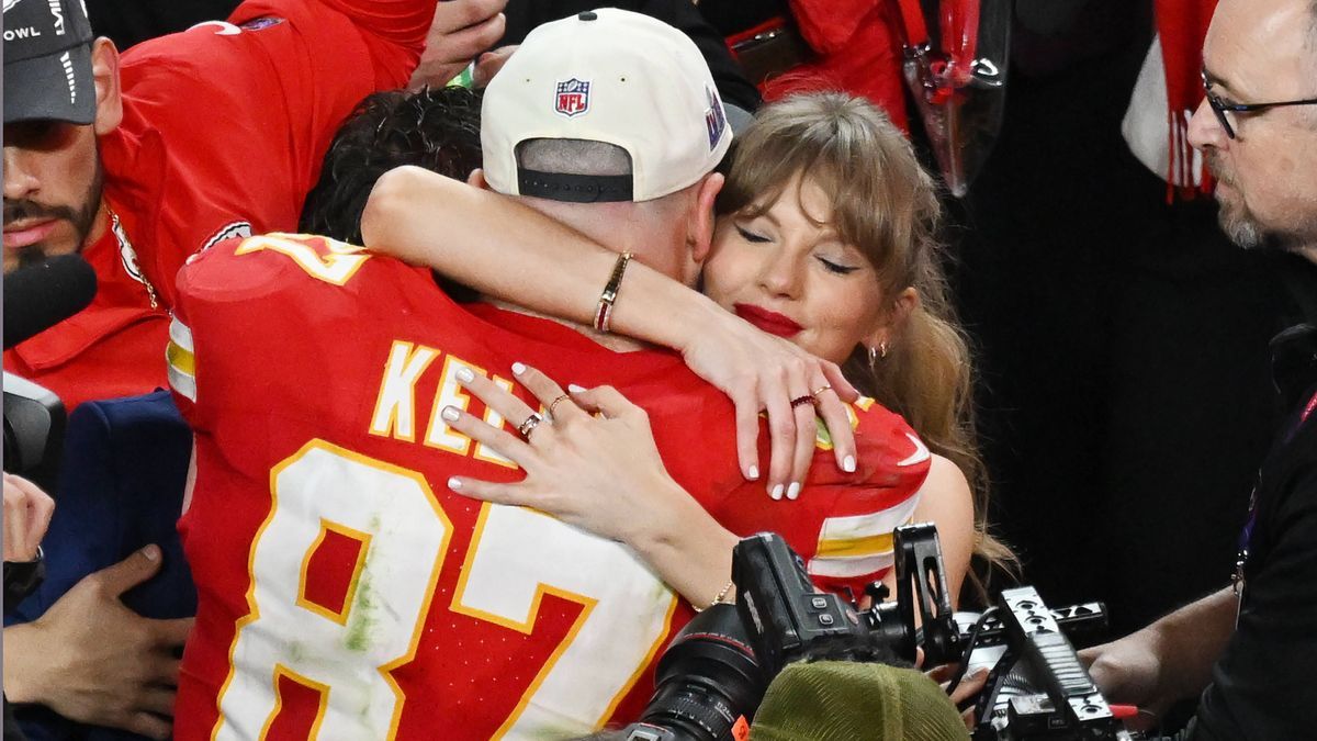 Kansas City Chiefs tight end Travis Kelce hugs his girlfriend Taylor Swift after the Chiefs defeated the San Francisco 49ers 25-22 in overtime to win Super Bowl LVIII at Allegiant Stadium in Las Ve...