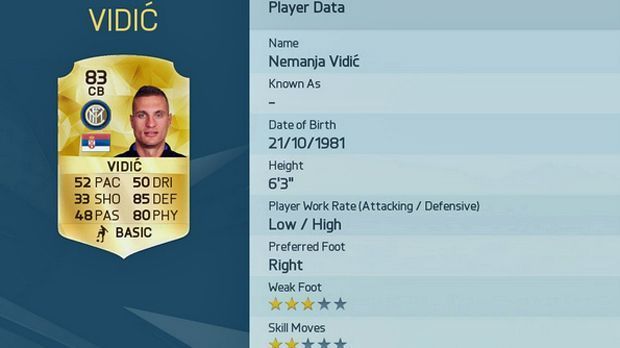 
                <strong>Nemanja Vidic (Inter Mailand)</strong><br>
                Nemanja Vidic: Gesamt-Stärke 83. Der Serbe von Inter Mailand ist wohl der am deutlichsten überbewerte Spieler in FIFA 16. Seine große Zeit bei Manchester United an der Seite von Rio Ferdinand ist längst vorbei. Dem sollte auch das Game Rechnung tragen. ran.de-Wertung: 79 (-4 Punkte).
              