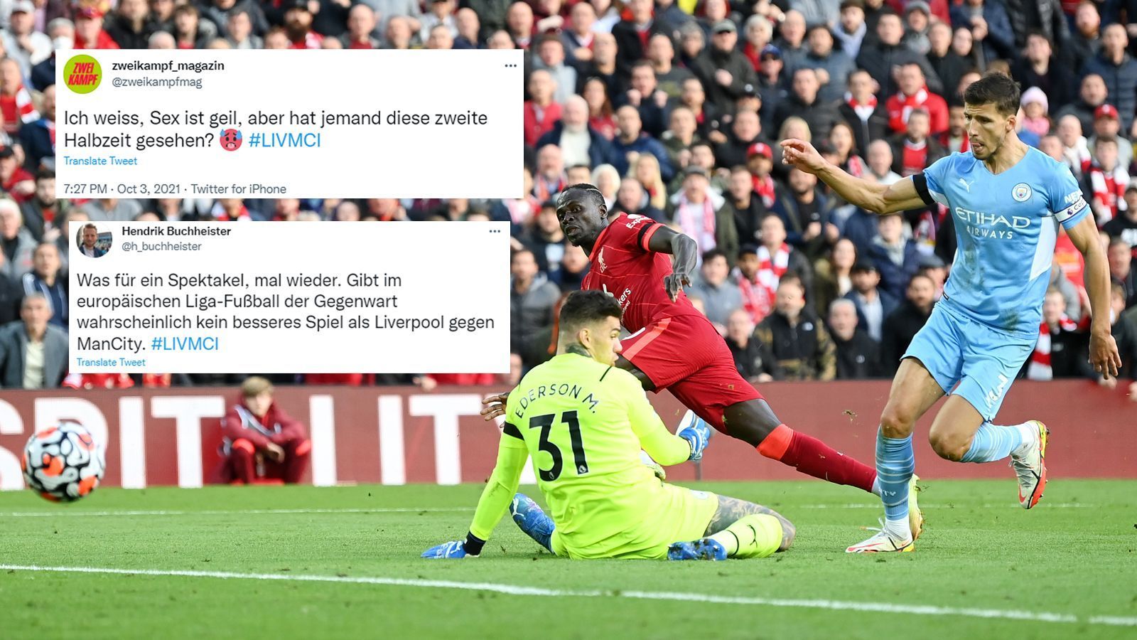 
                <strong>Premier League: Netzreaktionen zum Topspiel zwischen Liverpool und Manchester City</strong><br>
                Einmal mehr lieferten sich der FC Liverpool und Manchester City einen richtigen Fight im Premier-League-Duell. Beim 2:2-Unentschieden war vor allem die zweite Halbzeit ein überragender Schlagabtausch mit mehreren Traumtoren. ran zeigt die Netzreaktionen auf das Spektakel an der Anfield Road.
              