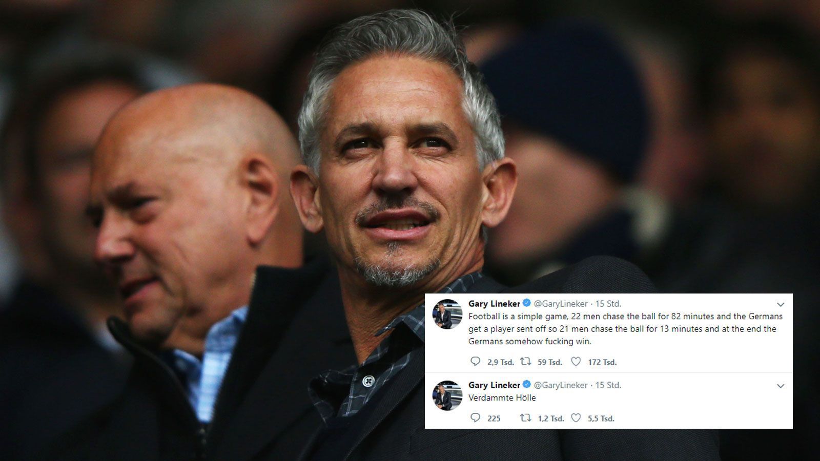 
                <strong>Gary Lineker</strong><br>
                Gary Lineker kann es nicht fassen. Der Ex-England-Stürmer prägte einst den Satz: "Fußball ist ein einfaches Spiel: 22 Männer jagen 90 Minuten lang einem Ball hinterher, und am Ende gewinnen immer die Deutschen." Nach dem Spiel gegen Schweden musste er ein wenig umdisponieren: "Fußball ist ein einfaches Spiel. 22 Männer rennen 82 Minuten dem Ball hinterher, und Deutschland kriegt einen Spieler vom Platz gestellt. Also jagen 21 Männer für 13 Minuten dem Ball hinterher, und am Ende gewinnen irgendwie verdammt noch mal die Deutschen".
              