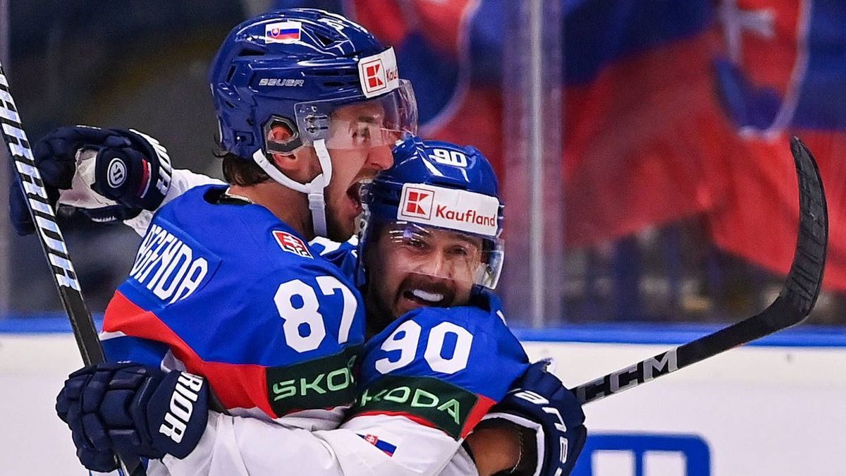 (L-R) Pavol Regenda and Tomas Tatar of Slovakia celebrate a goal during the 2024 IIHF World Championship, WM, Weltmeisterschaft group B match France vs Slovakia in Ostrava, Czech Republic, May 18, ...
