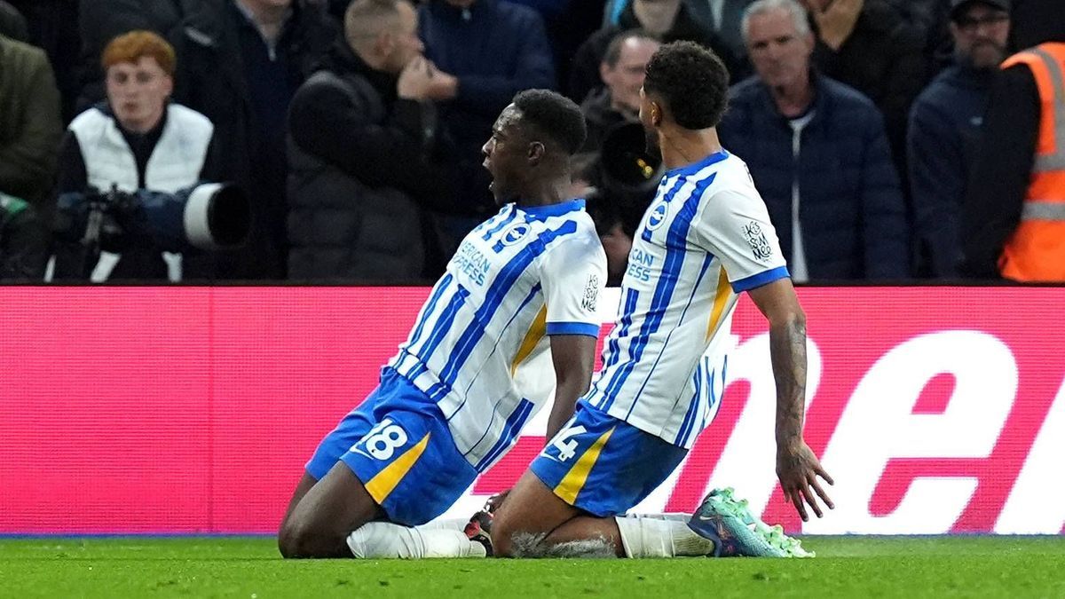 Brighton and Hove Albion v Tottenham Hotspur - Premier League - American Express Stadium Brighton and Hove Albion s Danny Welbeck (left) celebrates scoring their side s third goal of the game with ...