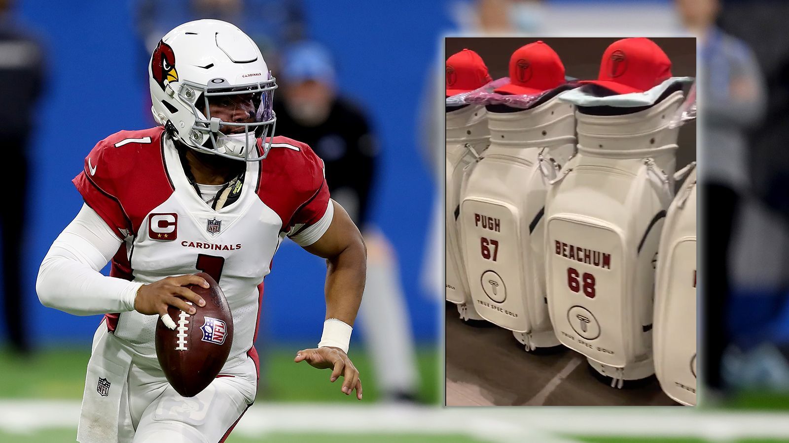 
                <strong>Kyler Murray: Golfausrüstung</strong><br>
                Die Offensive Liner der Arizona Cardinals dürften in der Offseason eine Menge Zeit auf dem Golfplatz verbringen. Kyler Murray stattete seine Beschützer mit einer kompletten Golfausrüstung und einem personalisierten Caddie aus. 
              