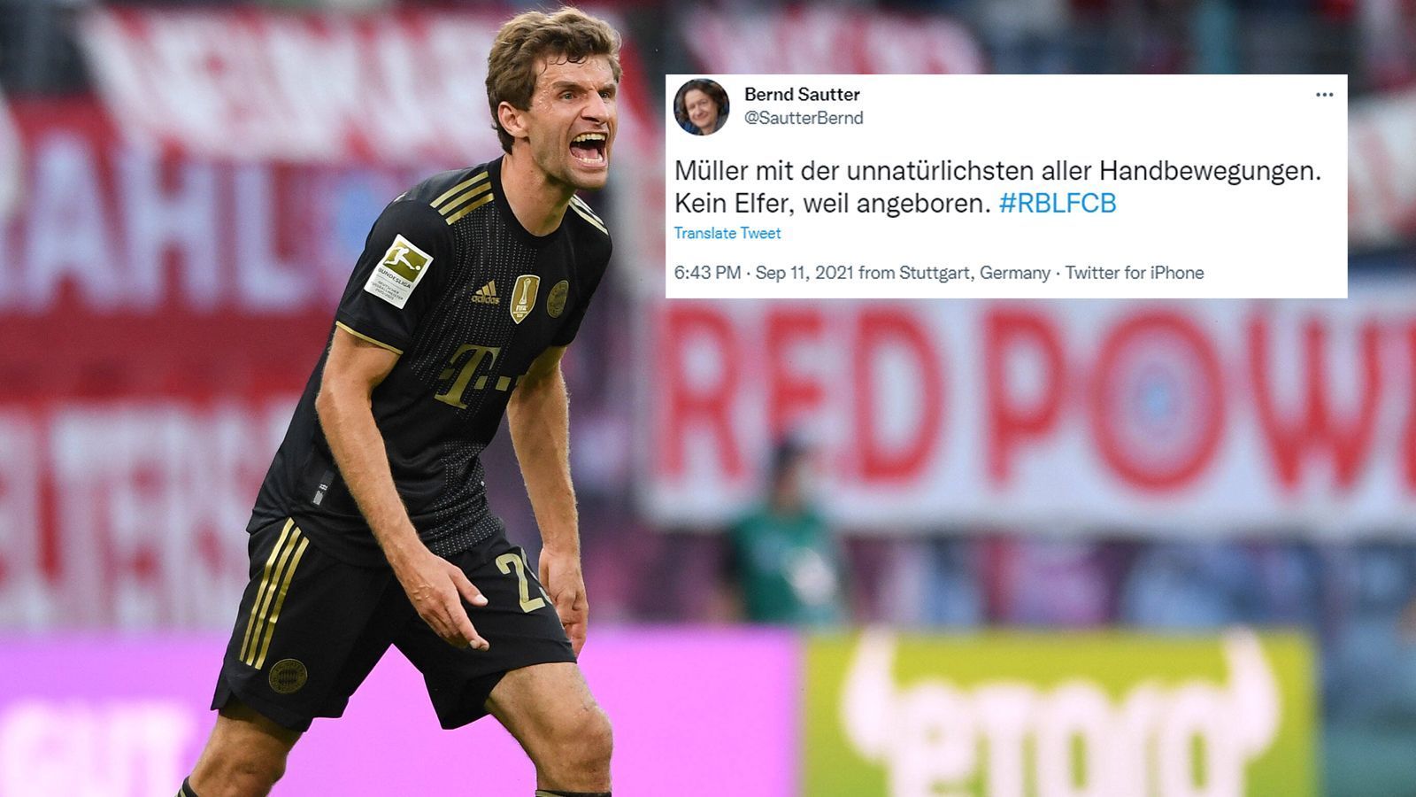 
                <strong>Müllers Handbewegung wird zum Politikum auf Twitter</strong><br>
                Die etwas unorthodoxe, aber trotzdem umso erfolgreichere Spielweise von Thomas Müller ist möglicherweise auch angeboren. 
              