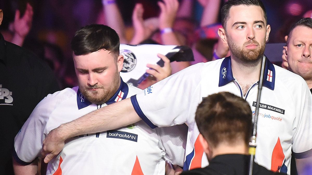 14.06.2025, xhbx, Dart World Cup of Darts 2025, v.l. Luke Littler (England), Luke Humphries (England) (DFL DFB REGULATIONS PROHIBIT ANY USE OF PHOTOGRAPHS as IMAGE SEQUENCES and or QUASI-VIDEO) Fra...