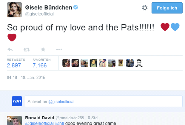 
                <strong>Giselle Bündchen</strong><br>
                Das brasilianische Super-Model und Frau von Patriots-Quarterback Tom Brady freut sich auf das nächste Highlight. Für ihren Mann gibt es selbstverständlich ein Sonderlob.
              