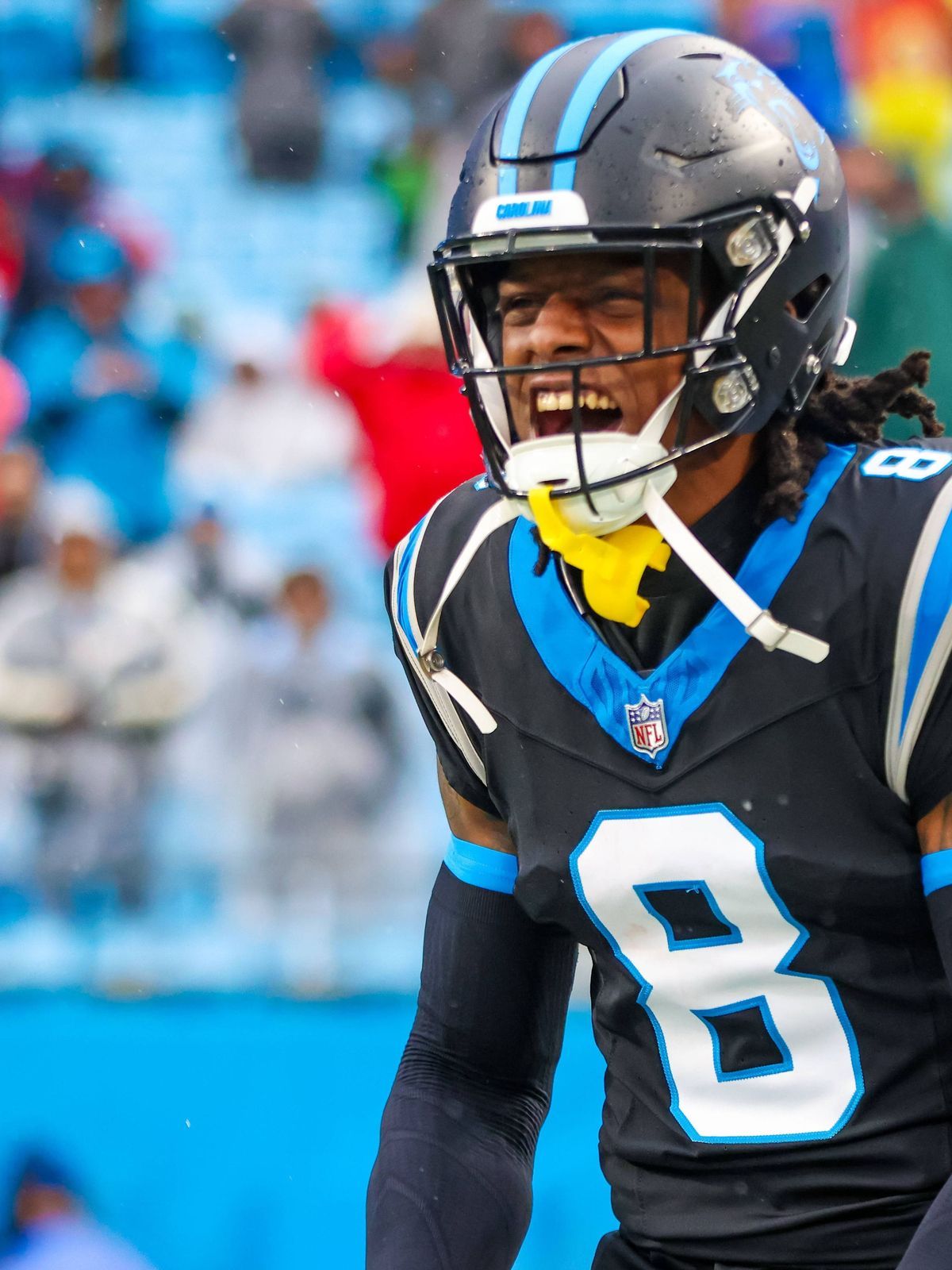 CHARLOTTE, NC - DECEMBER 17: Jaycee Horn 8 of the Carolina Panthers enters the field during an NFL, American Football Herren, USA game against the Atlanta Falcons at Bank of America Stadium in Char...