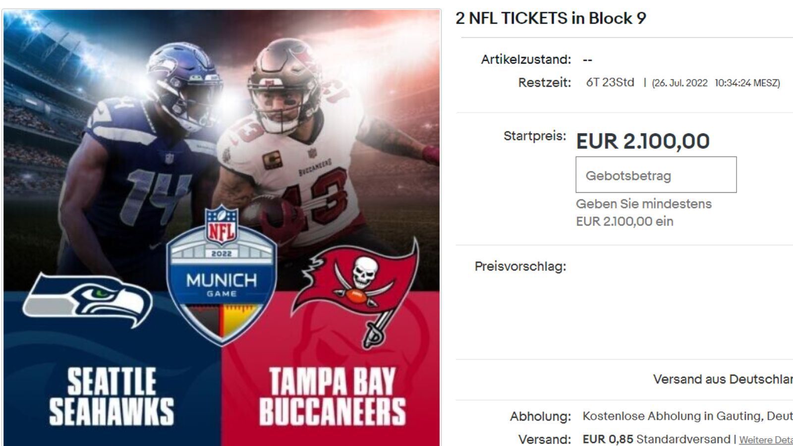 
                <strong>Horrende eBay-Angebote für das NFL-Spiel in Deutschland</strong><br>
                2.100 Euro geht ja noch, aber 85 Cent Versand? Ohne uns!
              