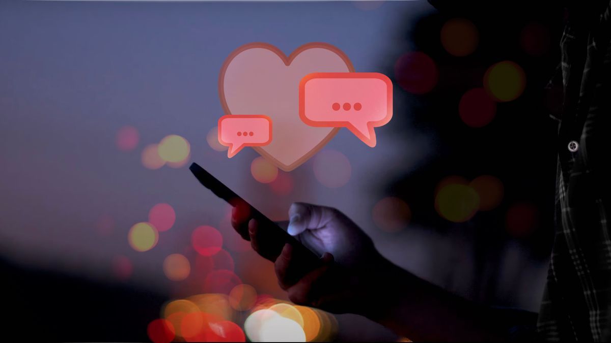 illustrated red speech bubbles in front of a heart above a hand holding a smartphone with screen glowing at night, red, orange and yellow dots of light, romantic, dating, flirt, love