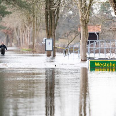 30.12.2023, Niedersachsen, Winsen (Aller): Eine Person läuft auf einer überfluteten Straße in der Siedlung Westohe der Gemeinde Winsen (Aller) im Landkreis Celle, die am Fluss Aller liegt. 