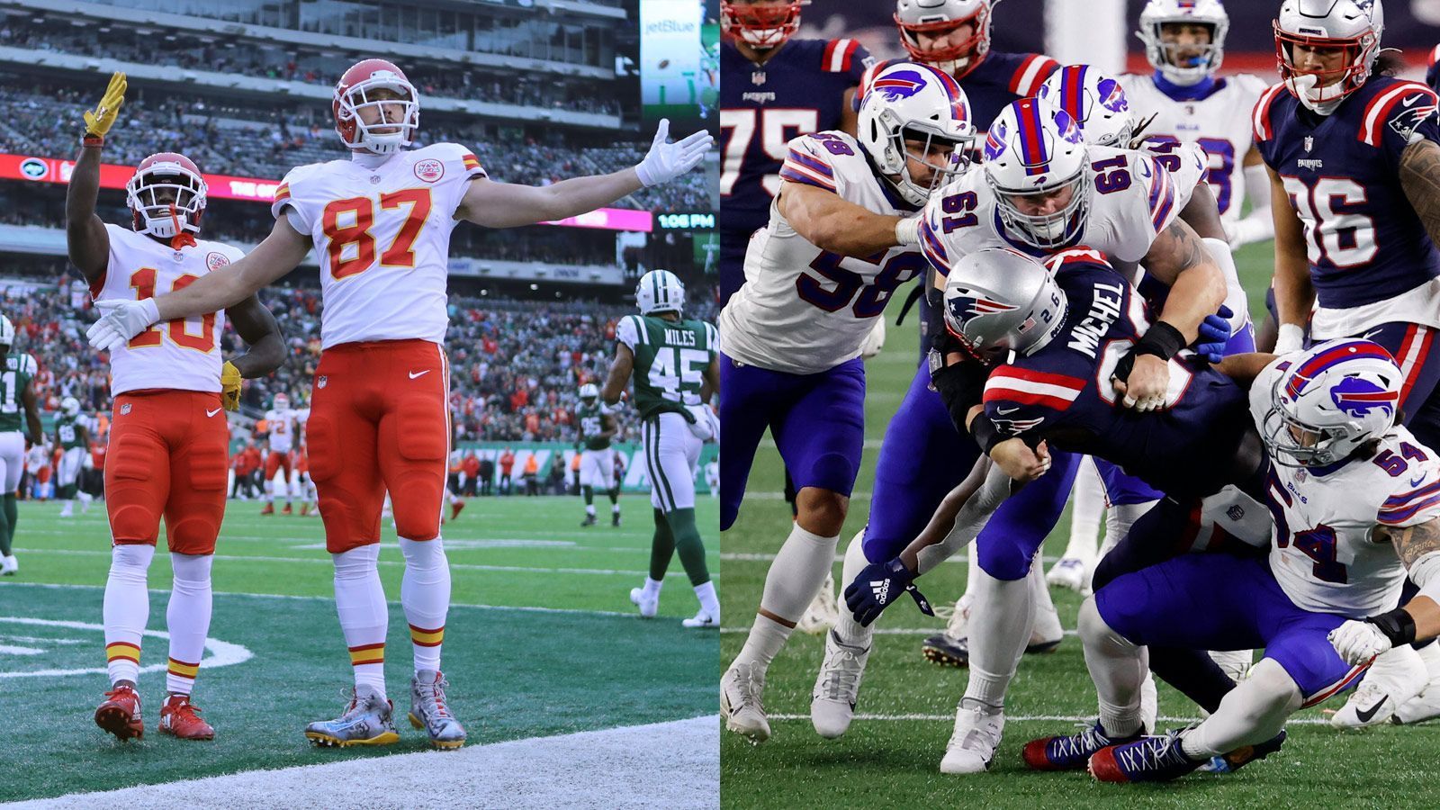 
                <strong>Bills at Chiefs: Tyreek Hill und Travis Kelce vs. Bills-Defense</strong><br>
                Kaum ein Quarterback kann auf so gute Waffen zurückgreifen wie Patrick Mahomes. Mit dem pfeilschnellen Tyreek Hill (li.) und Star-Tight-End Travis Kelce (2. v. li.) können die Chiefs den Ball ohne große Probleme über das Feld tragen und zu jeder Zeit einen Touchdown erzielen. Dementsprechend lastet viel Druck auf der Defense der Buffalo Bills, die mit 232,9 Yards pro Spiel zu den besseren Abwehrreihen der NFL zählt. Gelingt es ihnen, Hill und Kelce unter Kontrolle zu halten, dürfte der Spielausgang lange Zeit offenbleiben.
              