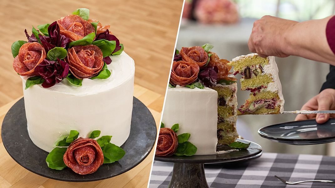 Würziges Brot mit Nussbutter, Ricotta-Mascarpone-Creme, Rucola-Pesto, glasierten Möhren, Rote Bete und Datteln im Speckmantel mit Hirtenkäse 