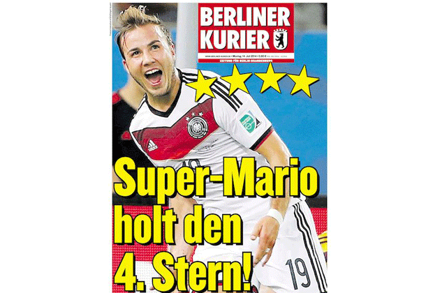 
                <strong>Berliner Kurier</strong><br>
                Der "Berliner Kurier" stellt den Torschützen Mario Götze in den Mittelpunkt. Es sei ihm gegönnt. 
              