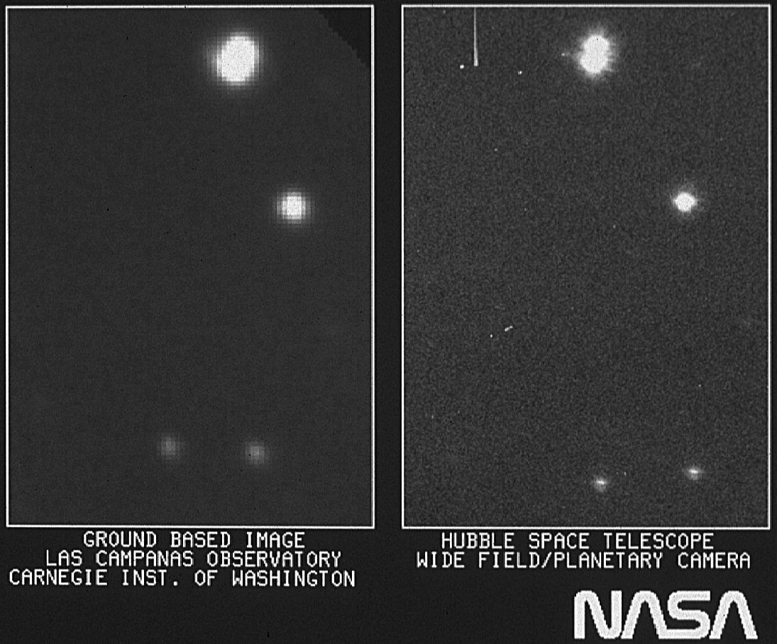 Last but not least und vielleicht nicht das schönste Foto, das Hubble je geschossen hat (rechts). Aber ein Fakt macht es trotzdem besonders: es ist das erste Foto, das das Teleskop je gemacht hat. Auf der linken Seite, zum Vergleich, das gleiche Foto, geschossen von der Erde. Vor 30 Jahren ein riesiger Fortschritt für die Wissenschaftler:innen.