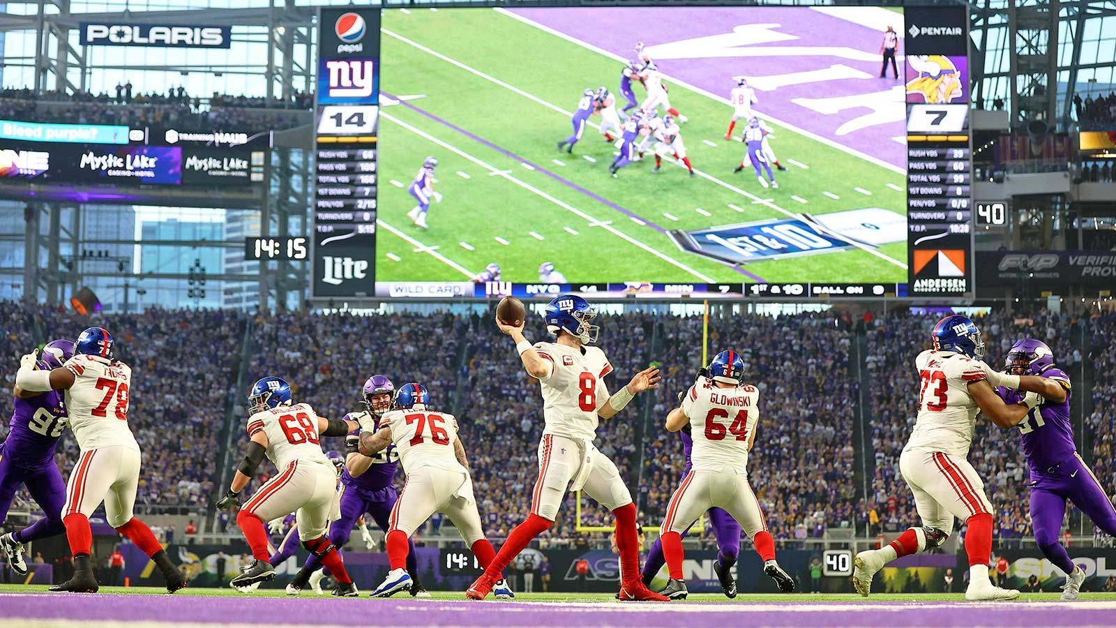 <strong>New York Giants</strong><br>
                • Jahre seit dem jüngsten Playoff-Sieg: 2<br>• Datum des jüngsten Playoff-Siegs: 15. Januar 2023<br>• Runde: Wild Card Round<br>• Gegner: Minnesota Vikings (31:24)