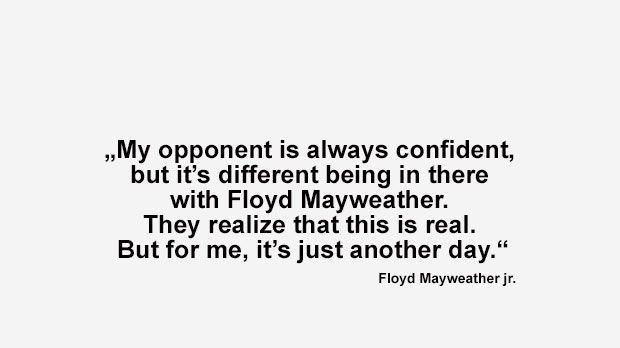 
                <strong>Best of Floyd Mayweather</strong><br>
                "Mein Gegner ist immer selbstbewusst. Aber es ist ein Unterschied, dann wirklich mit Floyd Mayweather im Ring zu stehen. Dann bemerken sie erst, dass sie tatsächlich gegen mich kämpfen. Aber für mich ist es einfach nur Alltag." (Mayweathers Warnung an McGregor, wie es ist, mit einer Legende im Ring zu stehen)
              