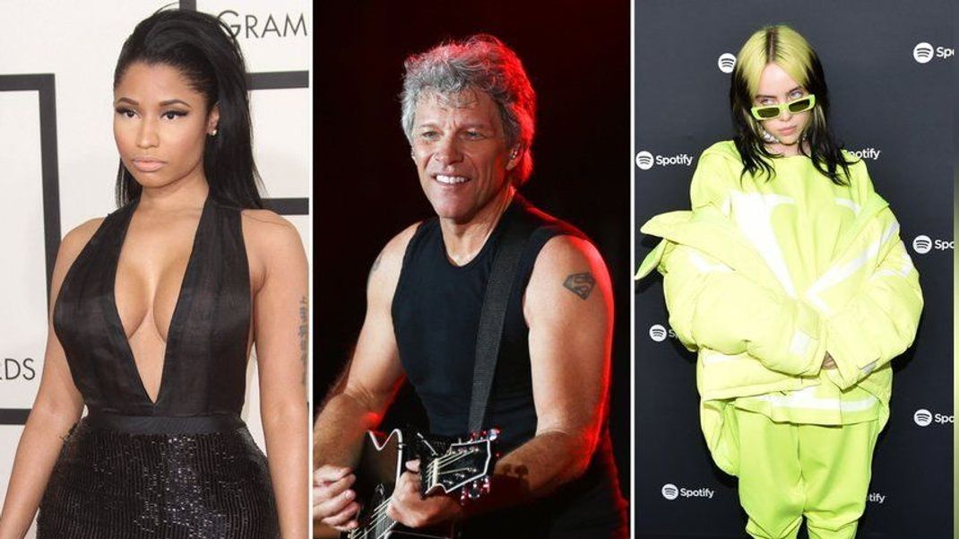 Musikstars wie Nicki Minaj (l.), Jon Bon Jovi (m.) und Billie Eilish (r.) sprechen sich in einem offenen Brief gegen KI-Missbrauch aus.