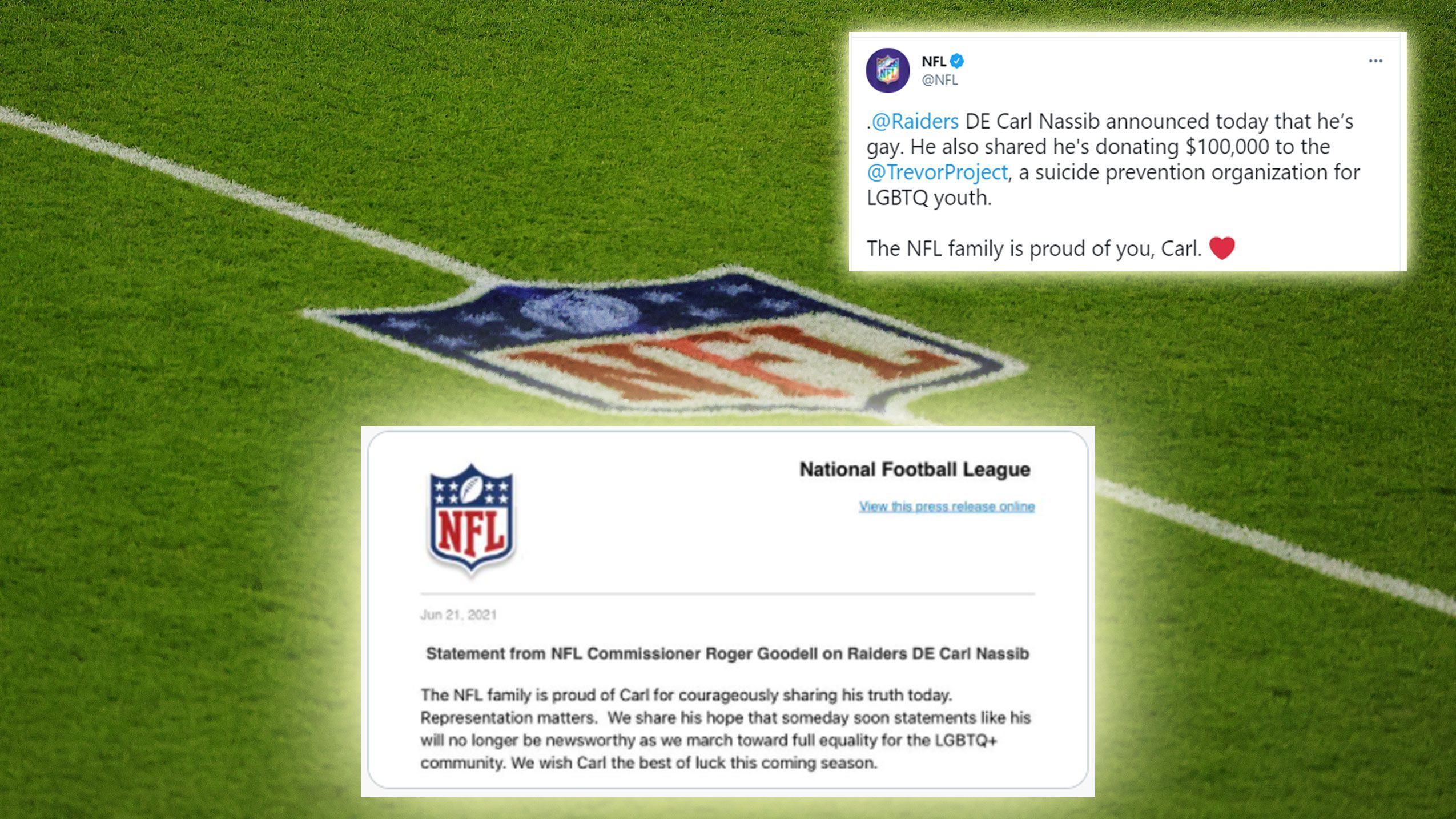 
                <strong>NFL: "Wir sind stolz auf dich, Carl"</strong><br>
                "Representation matters!" Im offiziellen Statement von NFL-Commissioner Roger Goodell, spricht sich die Liga für die komplette Gleichberechtigung der LGBTQ+-Community aus und hofft, dass diese Art von News in Zukunft mehr und mehr zur Normalität wird. ran.de zeigt euch weitere Reaktionen aus dem Netz auf das Coming Out von Carl Nassib.
              