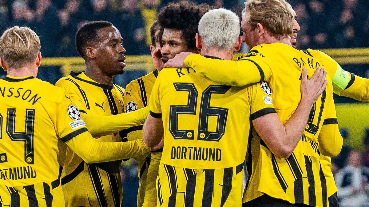 04.03.2025, Borussia Dortmund vs. OSC Lille, UEFA Champions League, Achtelfinale-Hinspiel Karim Adeyemi (Borussia Dortmund, 27) mit seinem Tor und Jubel zum 1:0, Jamie Gittens (Borussia Dortmund, 4...