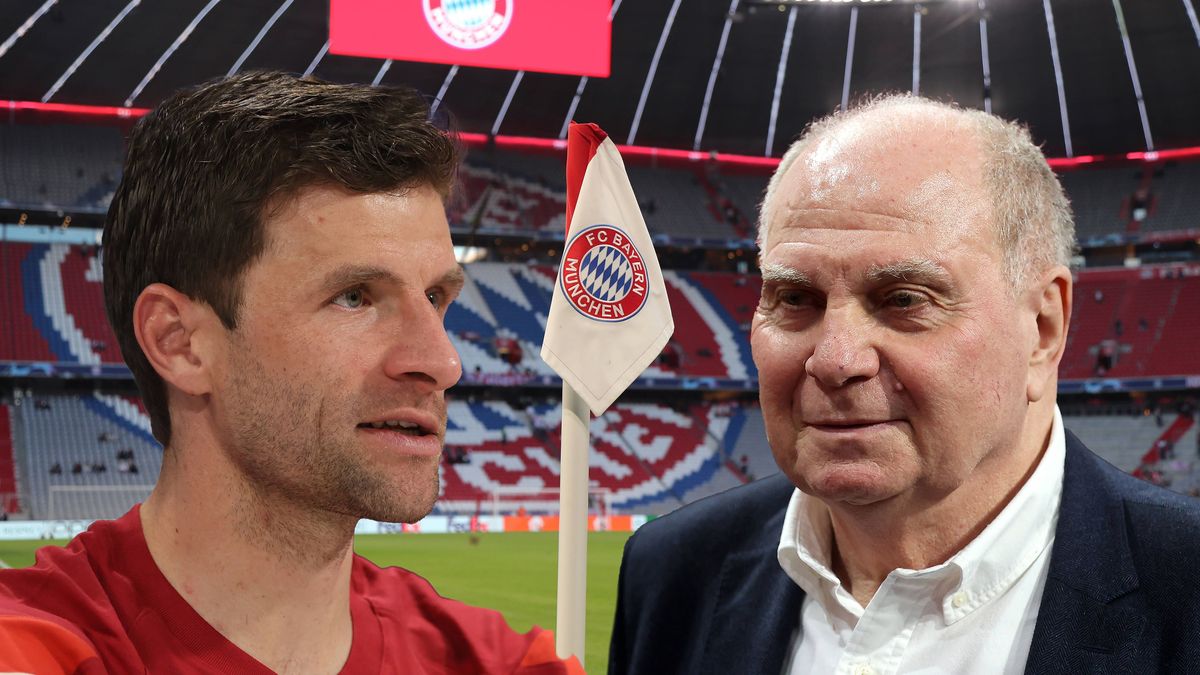 ! ACHTUNG FOTOMONTAGE ! Hier im Bild Thomas Müller Mueller (FC Bayern München (li.) mit Uli Hoeneß, Hoeness, Ehrenpräsident (FC Bayern München) (re.) im Hintergrund die Allianz Arena mit Eckfahne z...