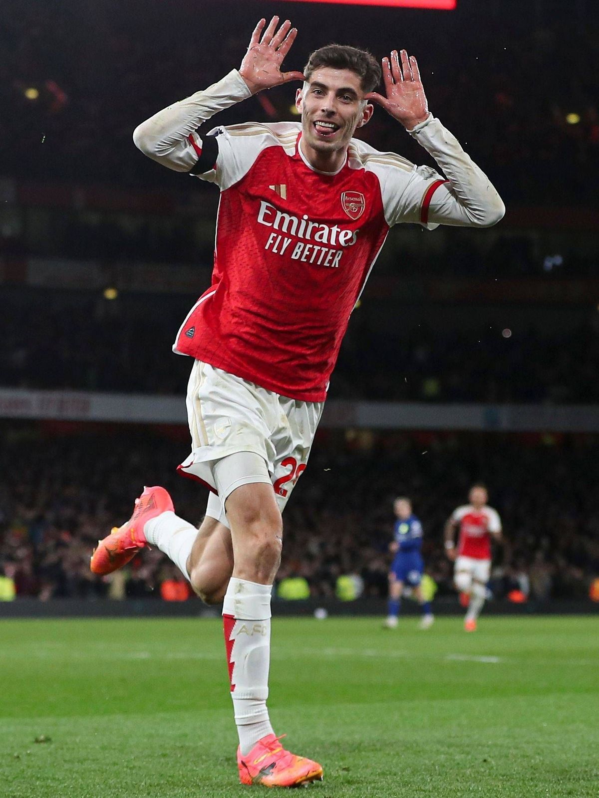 Kai Havertz of Arsenal celebrates scoring a goal for their side to make it 3-0 Arsenal v Chelsea, Premier League, Football, Emirates Stadium, London, UK - 23 Apr 2024 EDITORIAL USE ONLY No use with...