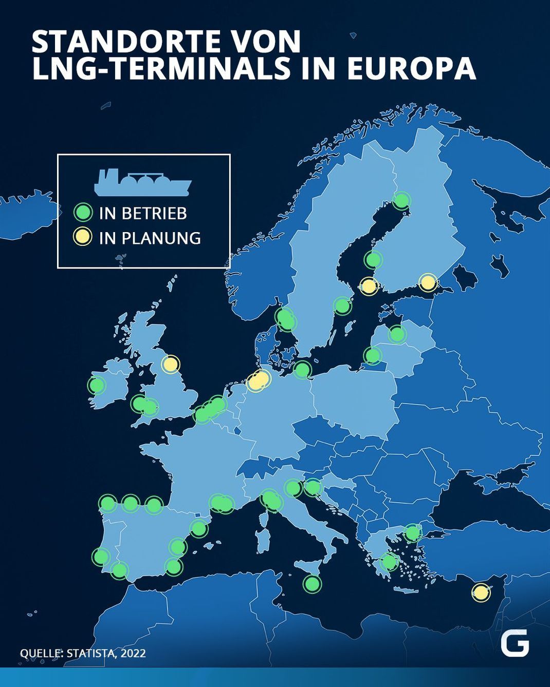 Überblick über die Lage und Anzahl der Terminals in Europa.