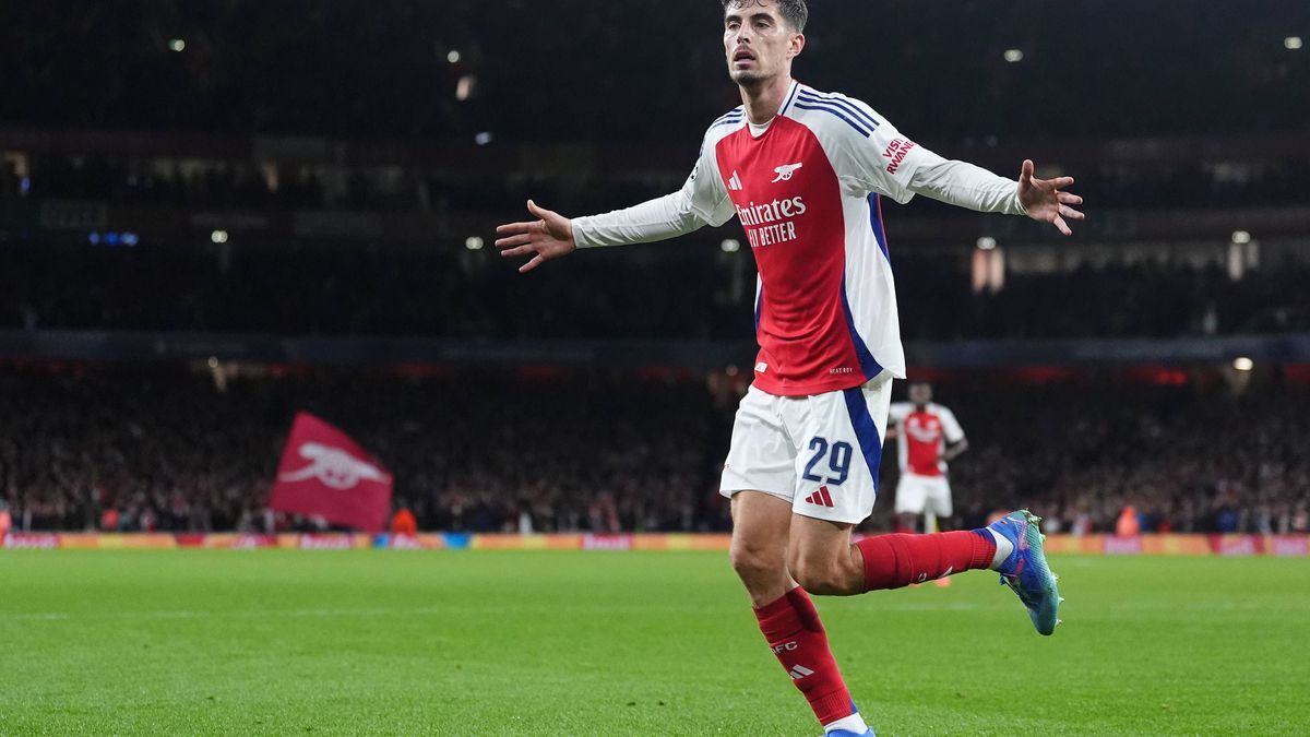 Arsenal v Paris Saint Germain - UEFA Champions League - Emirates Stadium Arsenal s Kai Havertz celebrates after scoring the opening goal of the game during the UEFA Champions League match at the Em...