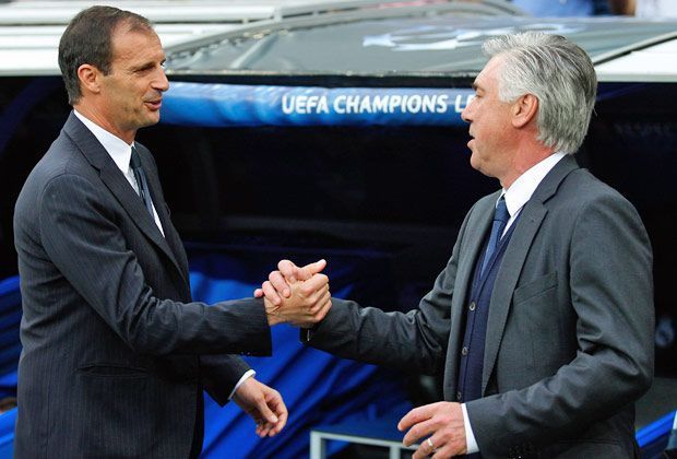 
                <strong>Real Madrid - Juventus Turin</strong><br>
                Auf den Trainerbänken wird Italienisch gesprochen. Gastgeber Carlo Ancelotti (r.) begrüßt Juve-Coach und Landsmann Massimiliano Allegri, der mit einem 2:1-Vorsprung nach Spanien kam.
              