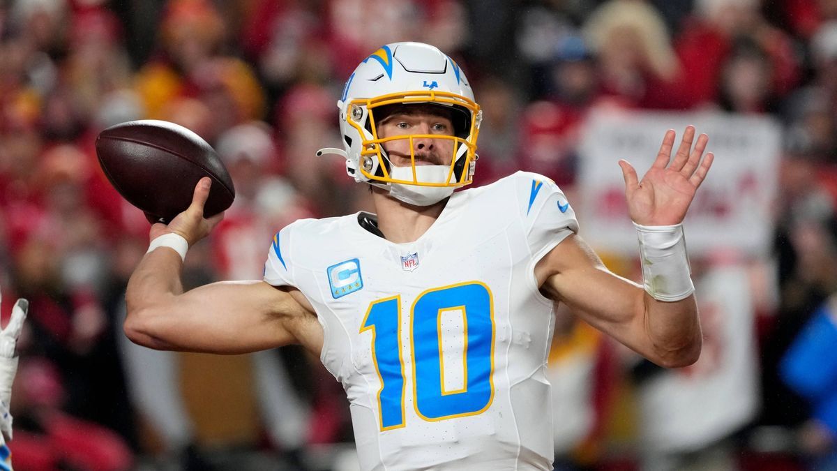 Los Angeles Chargers quarterback Justin Herbert (10) passes the ball against the Kansas City Chiefs during Sunday Night Football at Arrowhead Stadium in Kansas City, Missouri on Sunday, December 8,...