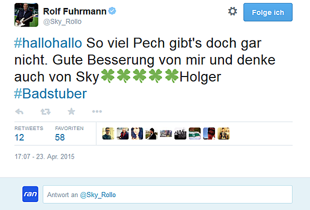 
                <strong>Wieder verletzt! Aufmunternde Worte für Holger Badstuber</strong><br>
                Sky-Moderator Rollo Fuhrmann kann die erneute Verletzung Badstubers ebenfalls kaum fassen.
              