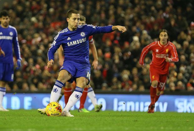 
                <strong>Hazard: No-Look vs. Liverpool</strong><br>
                Mit der No-Look-Technik trifft Chelseas Eden Hazard im Ligapokal gegen den FC Liverpool vom Elfmeterpunkt. Der Belgier hat dabei den Blick fest auf den Torwart gerichtet, er braucht nicht auf den Ball zu schauen. 
              